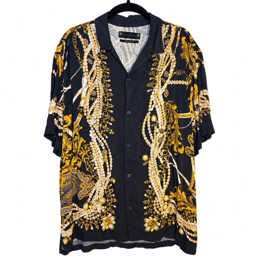 AllSaints Rubens SS Shirt Mens M Black Baroque Pearl Print